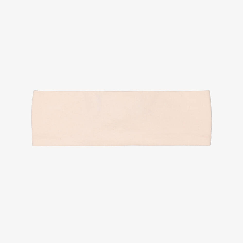 AIGNER-Baby Girls Peach Pink Bow Headband with Gold Logo Embroidery | Childrensalon