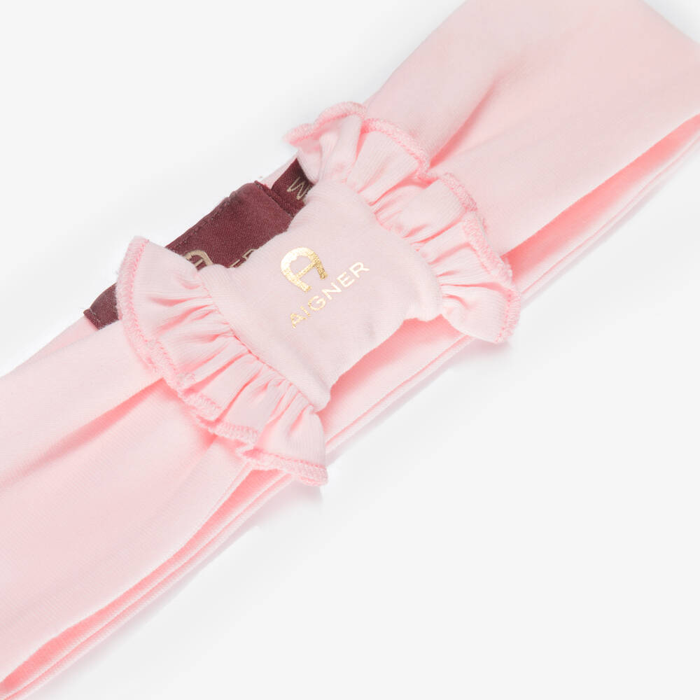 AIGNER-Baby Girls Pink Bow Headband with Gold Logo Print | Childrensalon