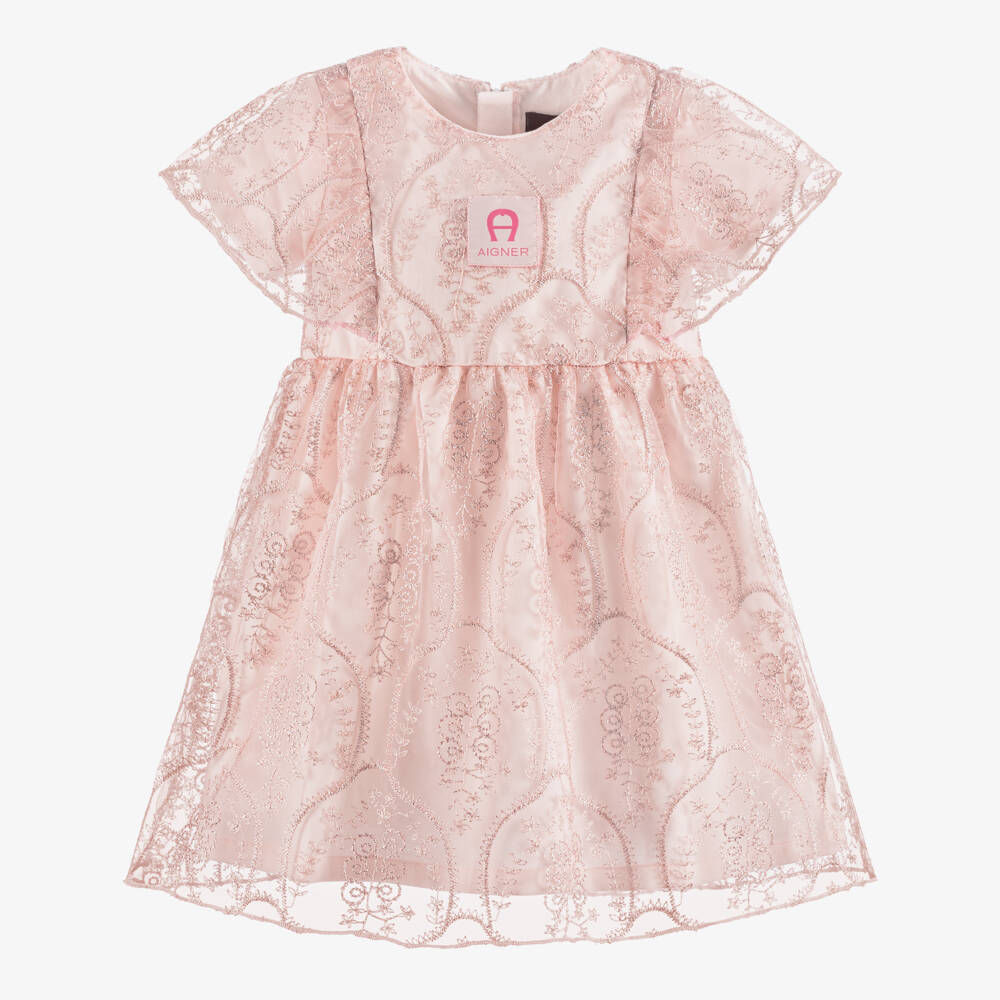 AIGNER-Baby Girls Pink Floral Embroidered Tulle Dress | Childrensalon