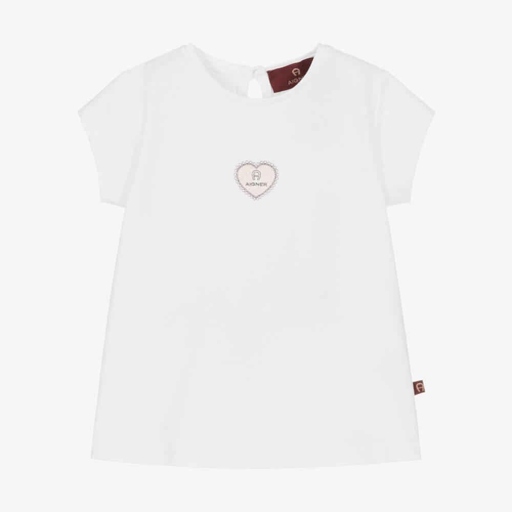 AIGNER-Baby Girls White Cotton Heart Graphic T-Shirt | Childrensalon