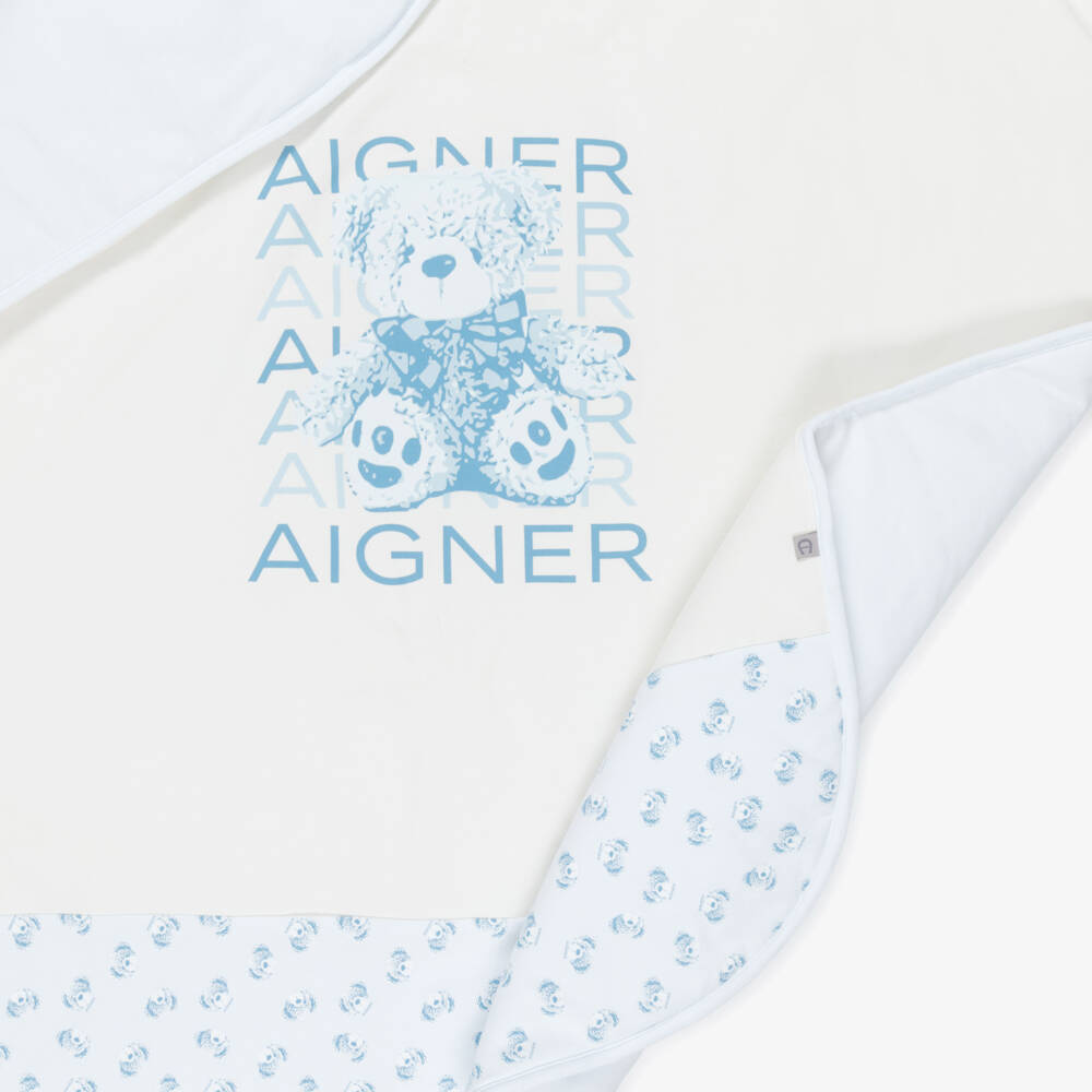 AIGNER-Blue Pima Cotton Logo & Bear Print Blanket (90cm) | Childrensalon