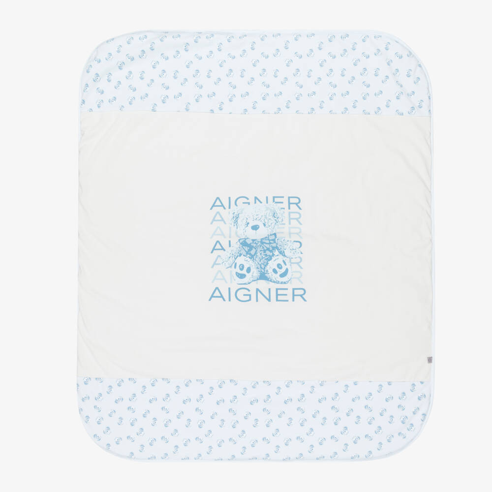 AIGNER-Blue Pima Cotton Logo & Bear Print Blanket (90cm) | Childrensalon
