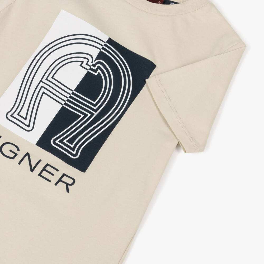 AIGNER-Boys Beige Cotton Horseshoe Logo T-Shirt | Childrensalon