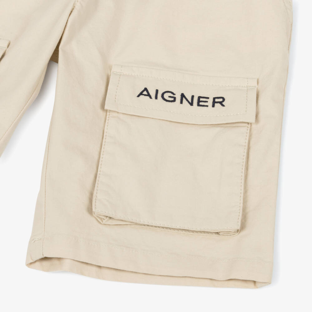 AIGNER-Boys Beige Cotton Poplin Drawstring Shorts | Childrensalon