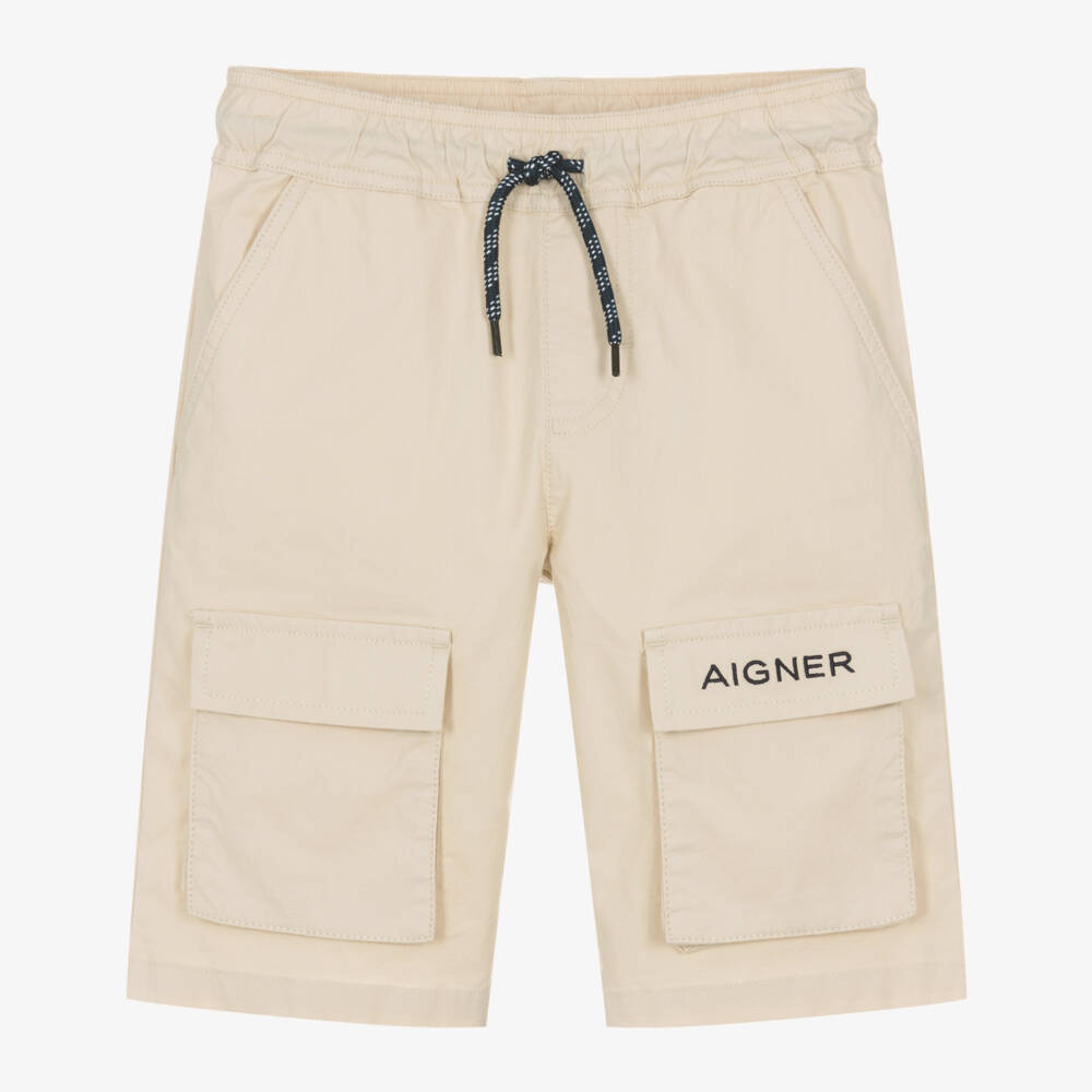 AIGNER-Boys Beige Cotton Poplin Drawstring Shorts | Childrensalon