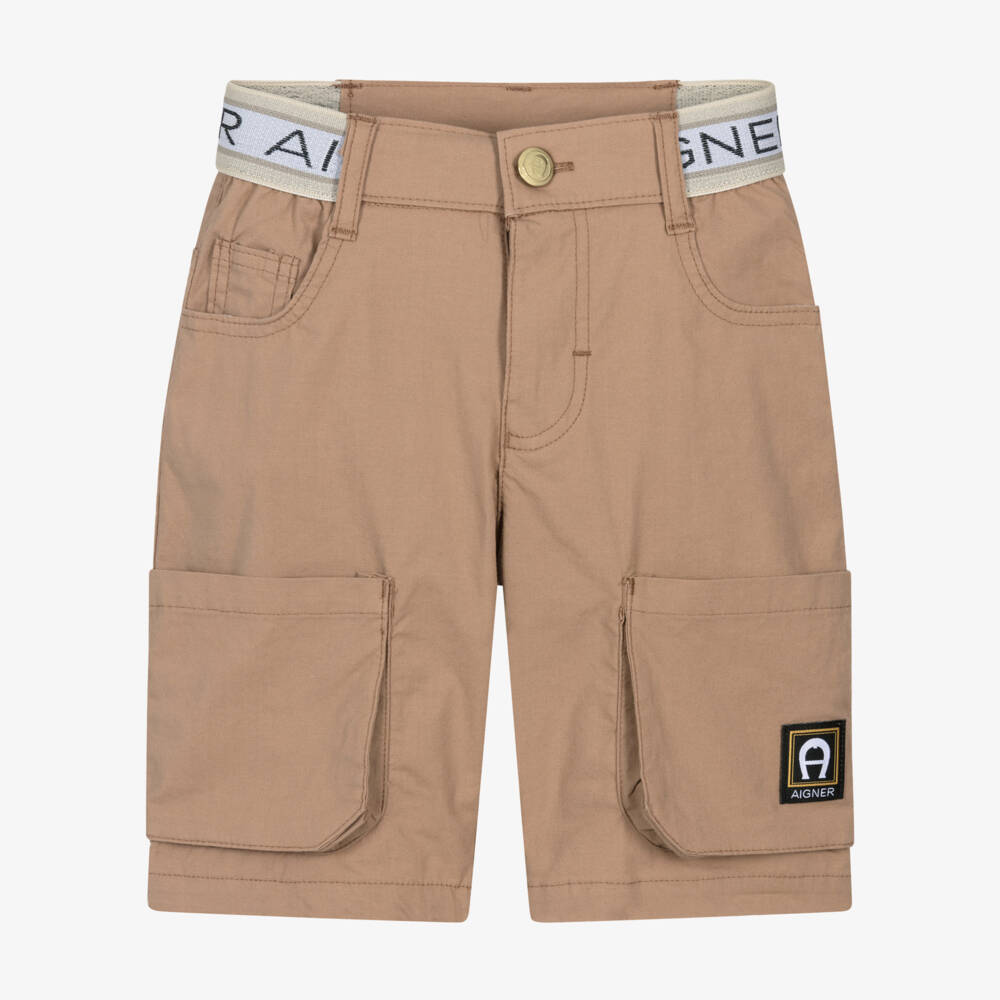 AIGNER-Шорты бежевые из хлопкового поплина с логотипом для мальчиков | Childrensalon
