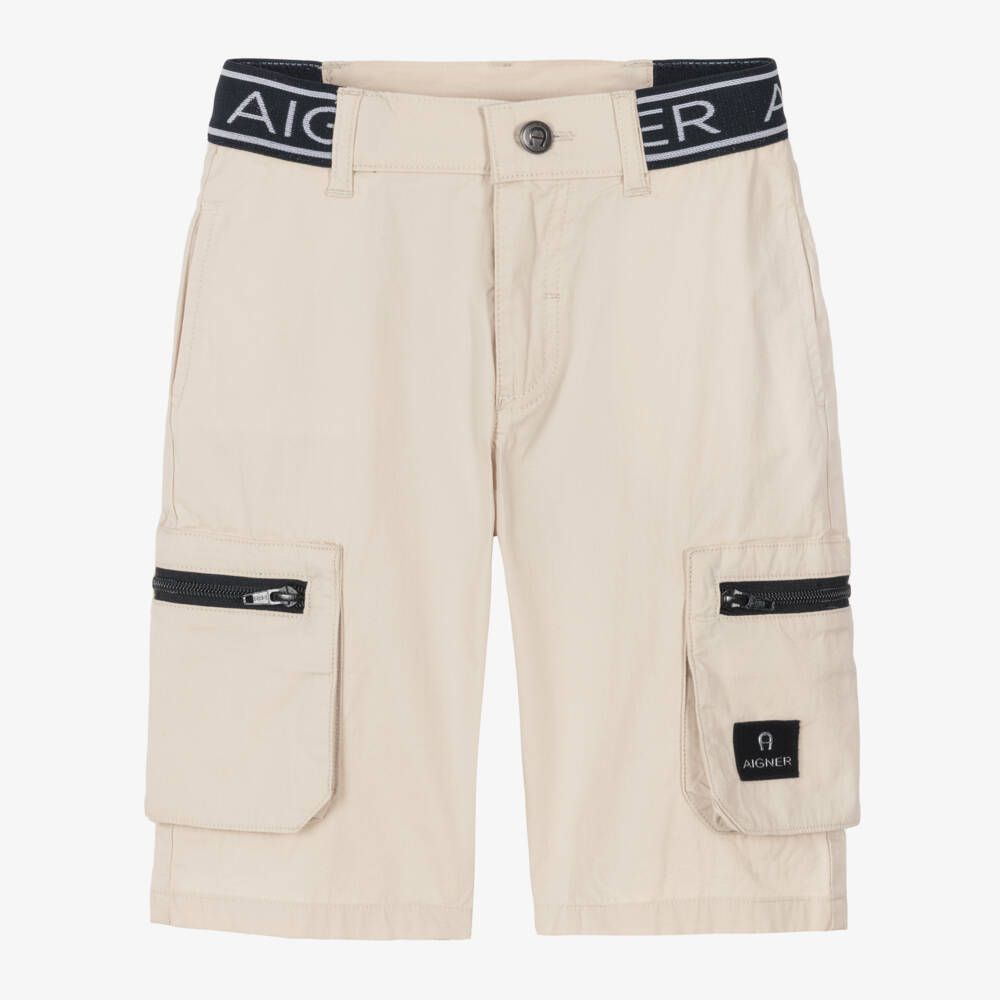 AIGNER-Boys Beige Cotton Shorts with Zipped Cargo Pockets | Childrensalon