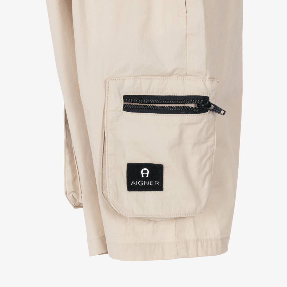 AIGNER-Boys Beige Cotton Shorts with Zipped Cargo Pockets | Childrensalon