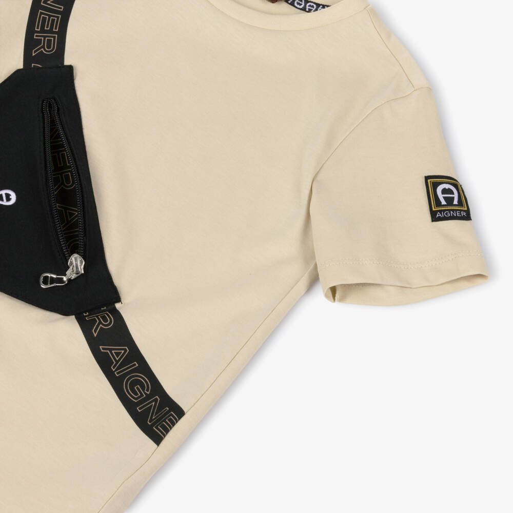 AIGNER-Boys Beige Cotton T-Shirt with Belt Bag Design | Childrensalon