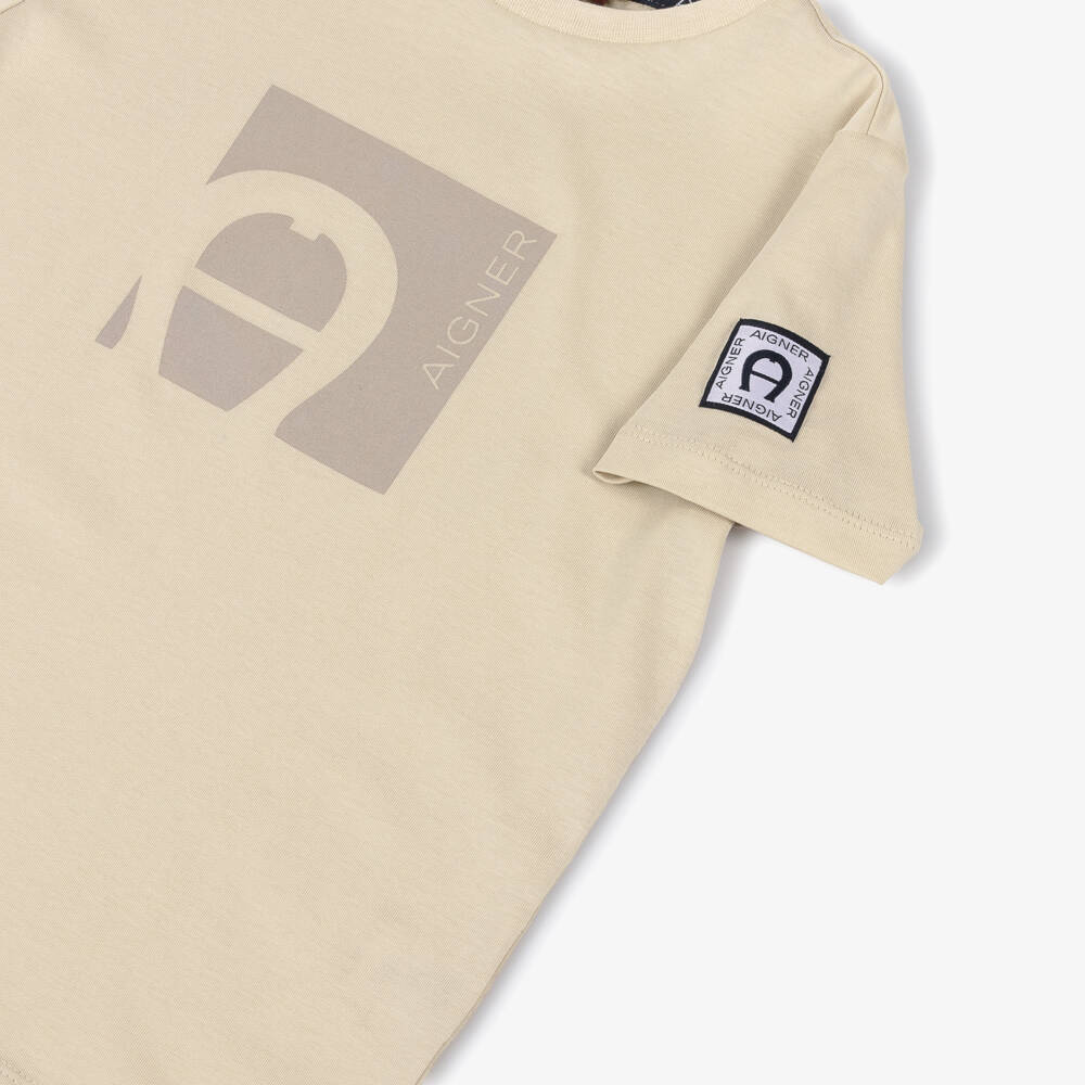 AIGNER-Boys Beige Cotton T-Shirt with Taupe Logo Print | Childrensalon