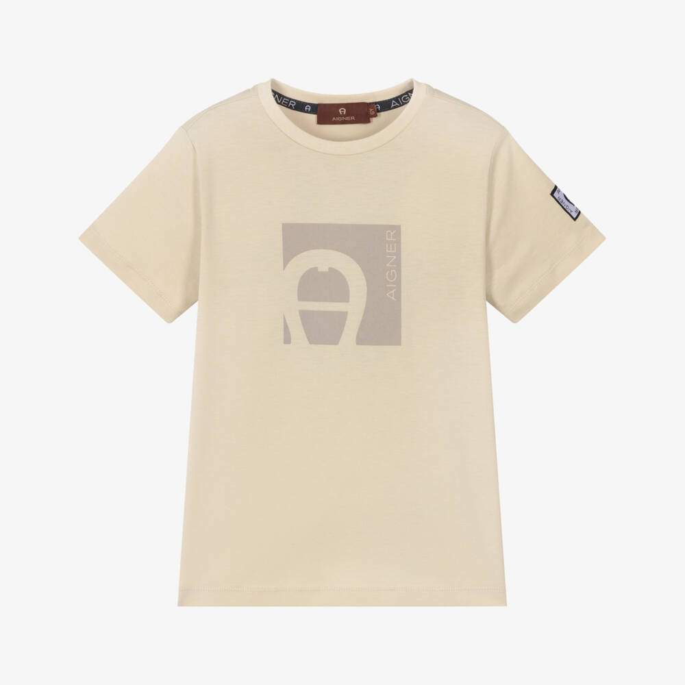 AIGNER-Boys Beige Cotton T-Shirt with Taupe Logo Print | Childrensalon