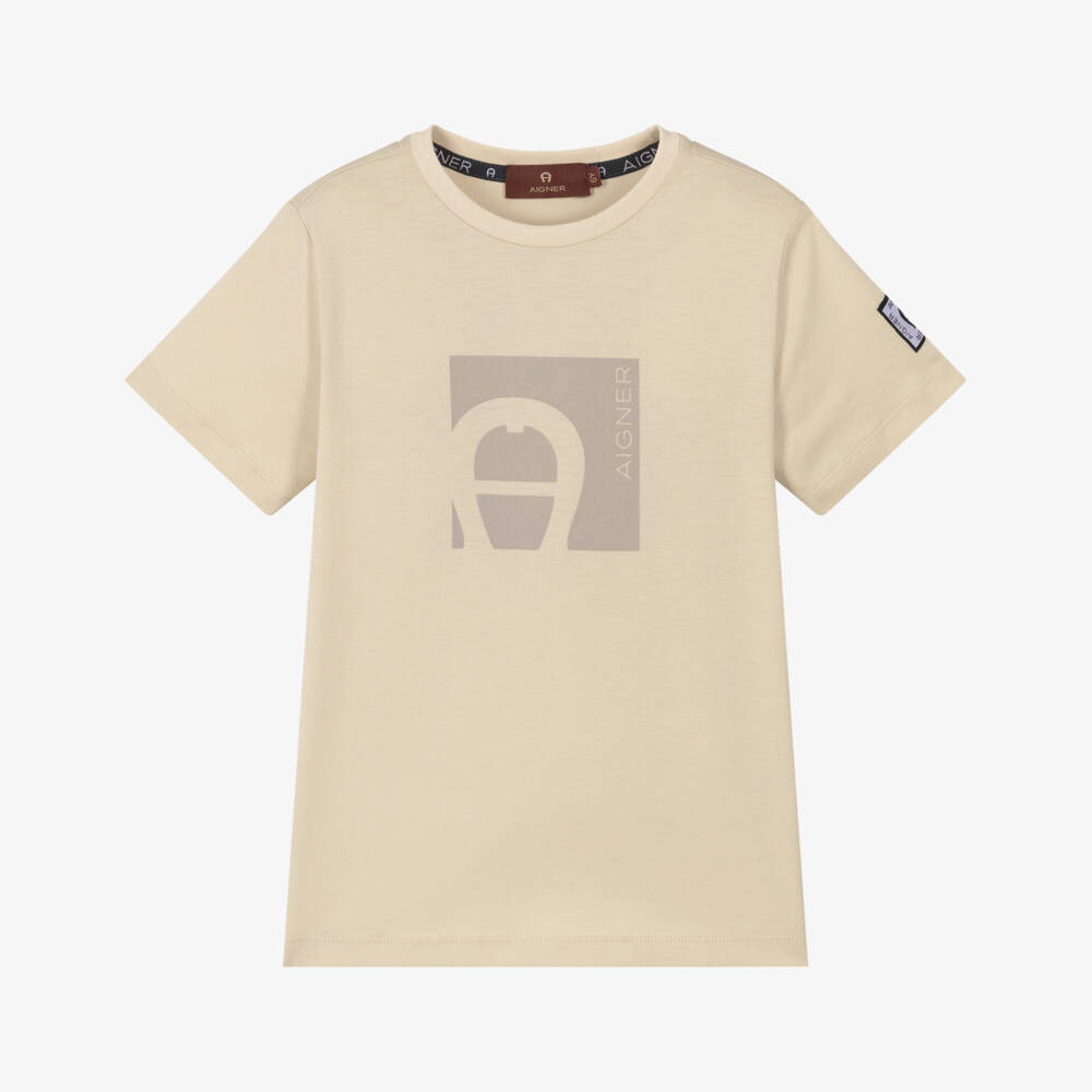 AIGNER-Boys Beige Cotton T-Shirt with Taupe Logo Print | Childrensalon