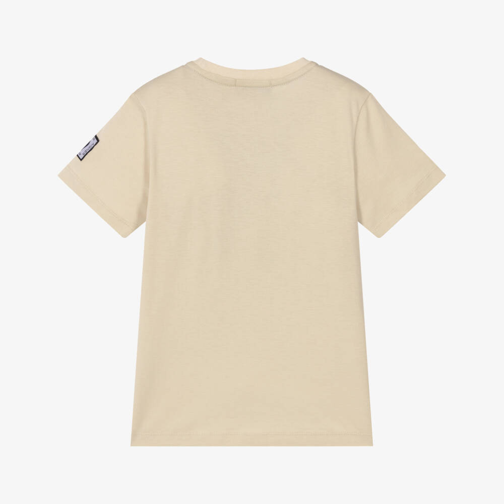 AIGNER-Boys Beige Cotton T-Shirt with Taupe Logo Print | Childrensalon