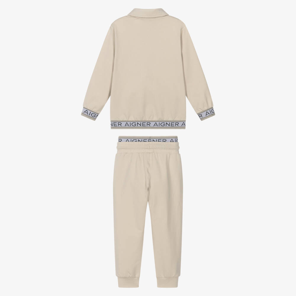 AIGNER-Boys Beige Cotton Tracksuit with Logo Tape Trim  | Childrensalon