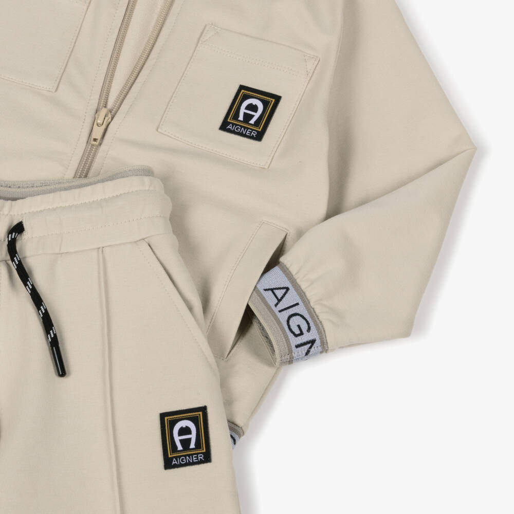 AIGNER-Boys Beige Cotton Tracksuit with Logo Tape Trim  | Childrensalon