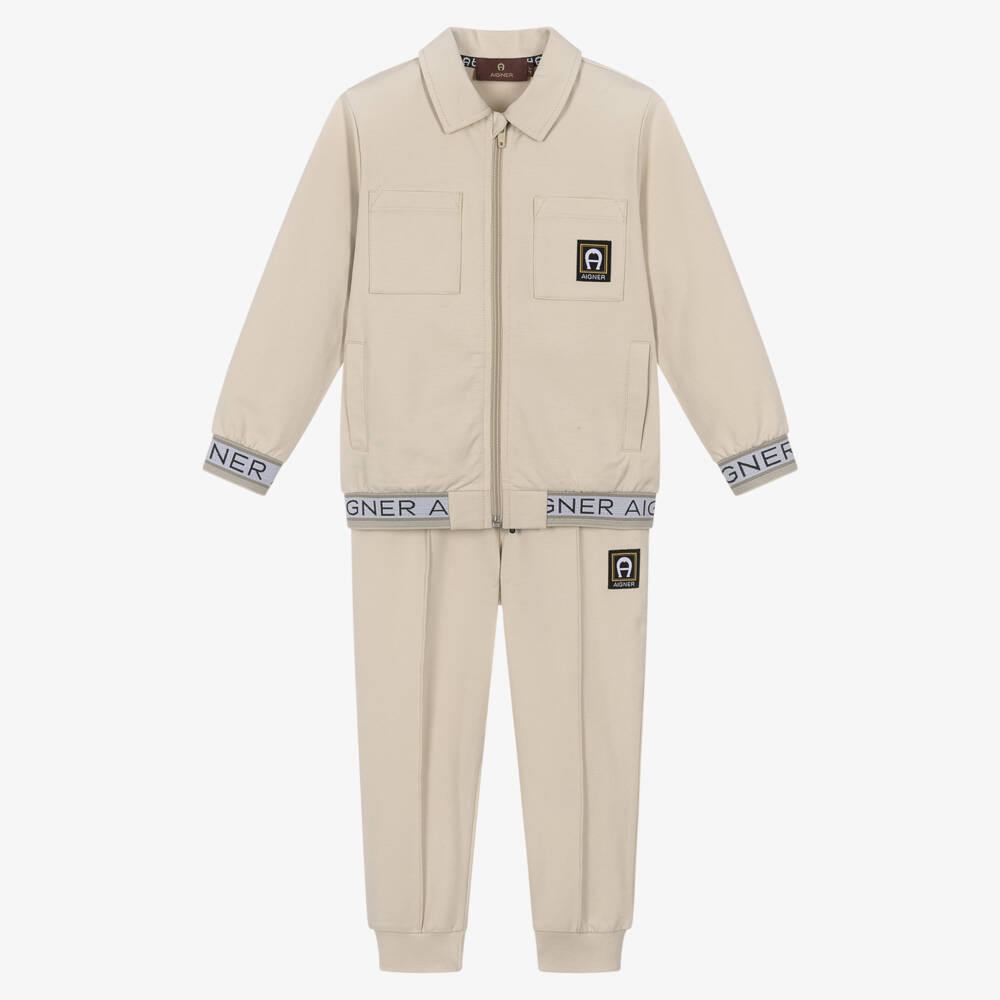 AIGNER-Boys Beige Cotton Tracksuit with Logo Tape Trim  | Childrensalon