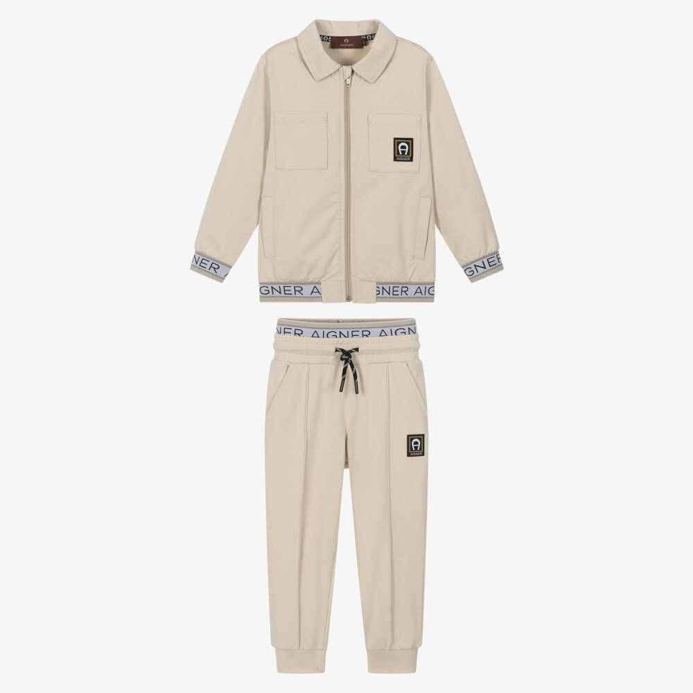 AIGNER-Boys Beige Cotton Tracksuit with Logo Tape Trim  | Childrensalon