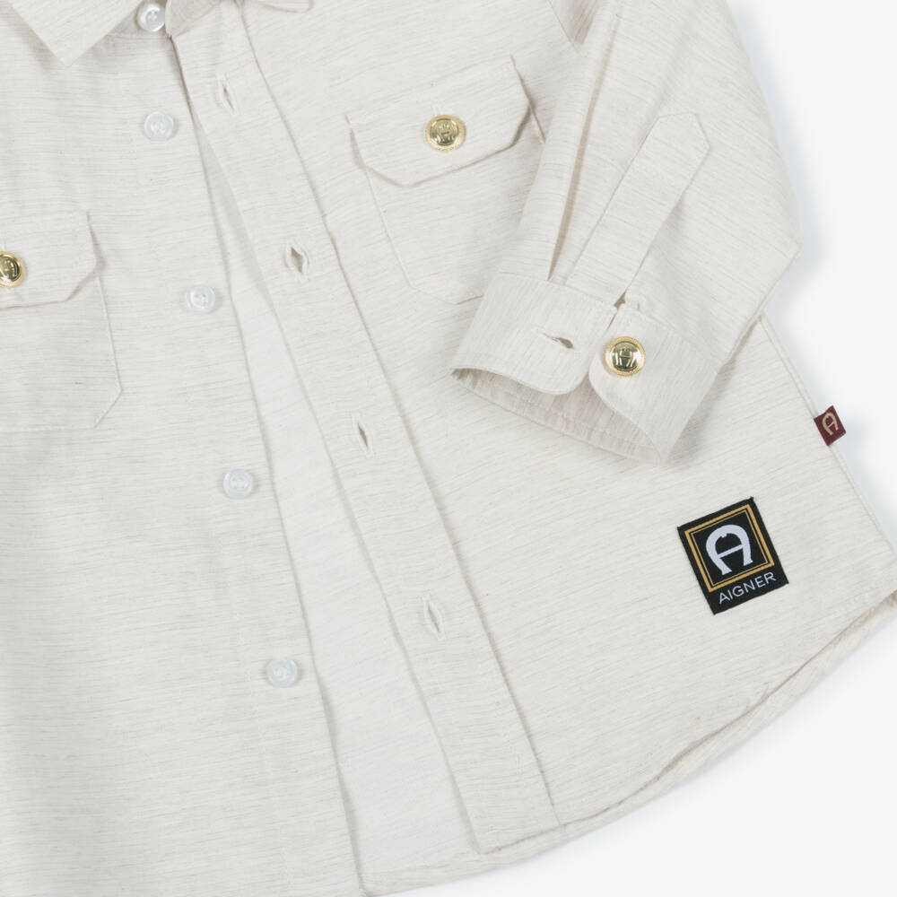AIGNER-قميص قطن بأزرار ذهبية لون بيج مارل للأولاد | Childrensalon