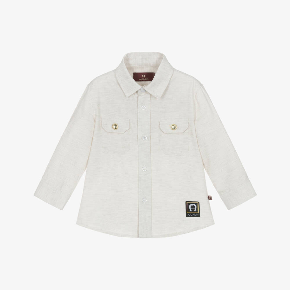 AIGNER-Boys Beige Marl Cotton Shirt with Gold Buttons | Childrensalon