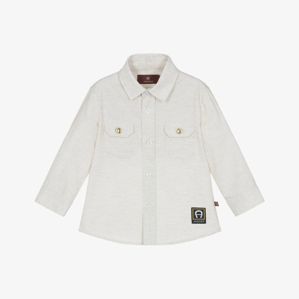 AIGNER-Boys Beige Marl Cotton Shirt with Gold Buttons | Childrensalon