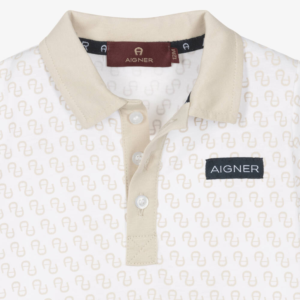 AIGNER-Boys Beige & White Logo Pattern Polo Shirt | Childrensalon