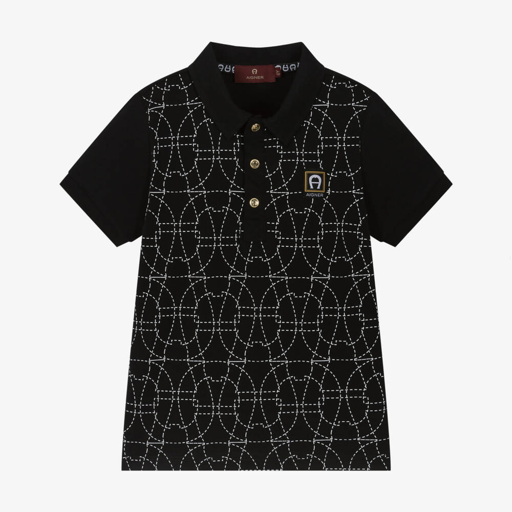 AIGNER-Boys Black Cotton Jersey Polo Shirt with Logo Pattern | Childrensalon