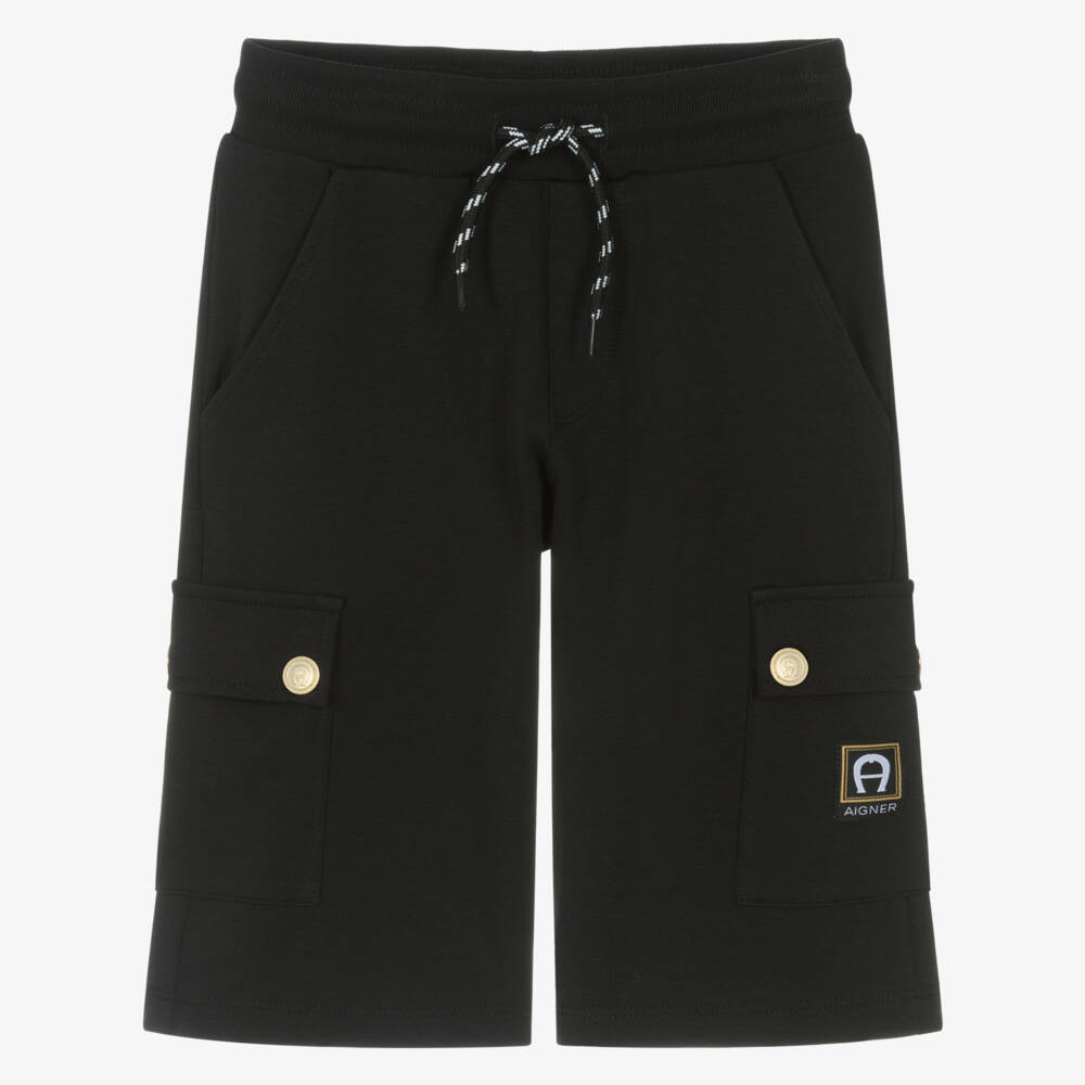 AIGNER-Шорты черные из хлопкового трикотажа с карманами карго для мальчиков | Childrensalon