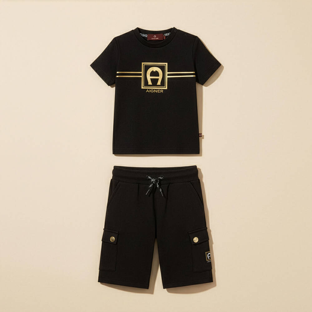 AIGNER-Boys Black Cotton T-Shirt with Gold Logo Print | Childrensalon
