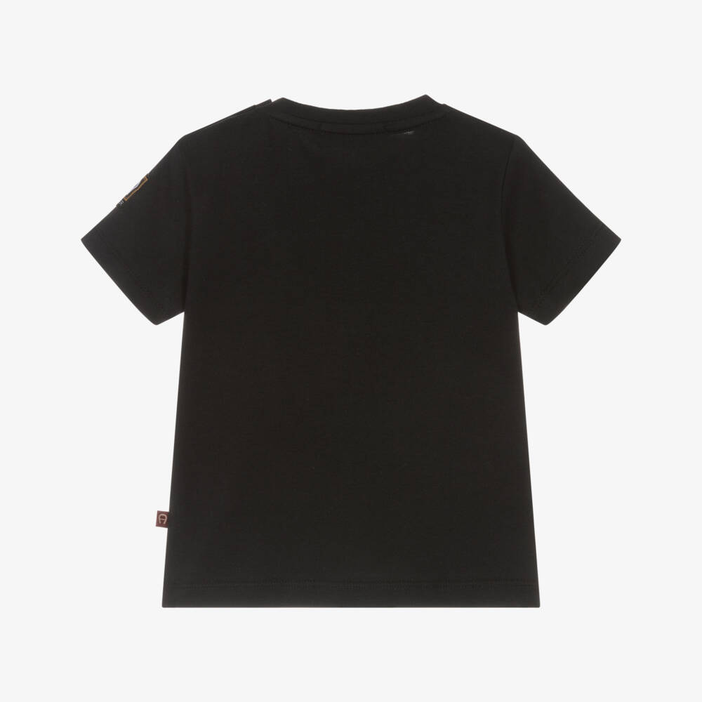 AIGNER-Boys Black Cotton T-Shirt with Gold Logo Print | Childrensalon