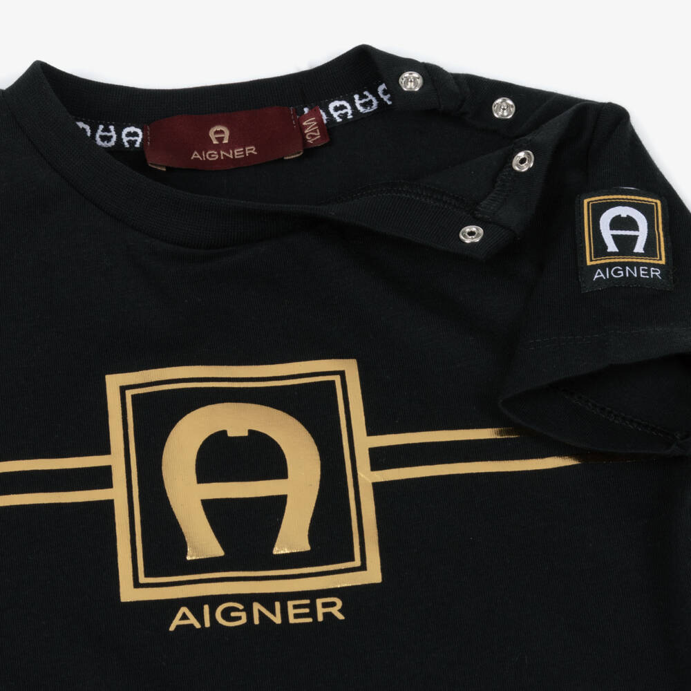 AIGNER-Boys Black Cotton T-Shirt with Gold Logo Print | Childrensalon