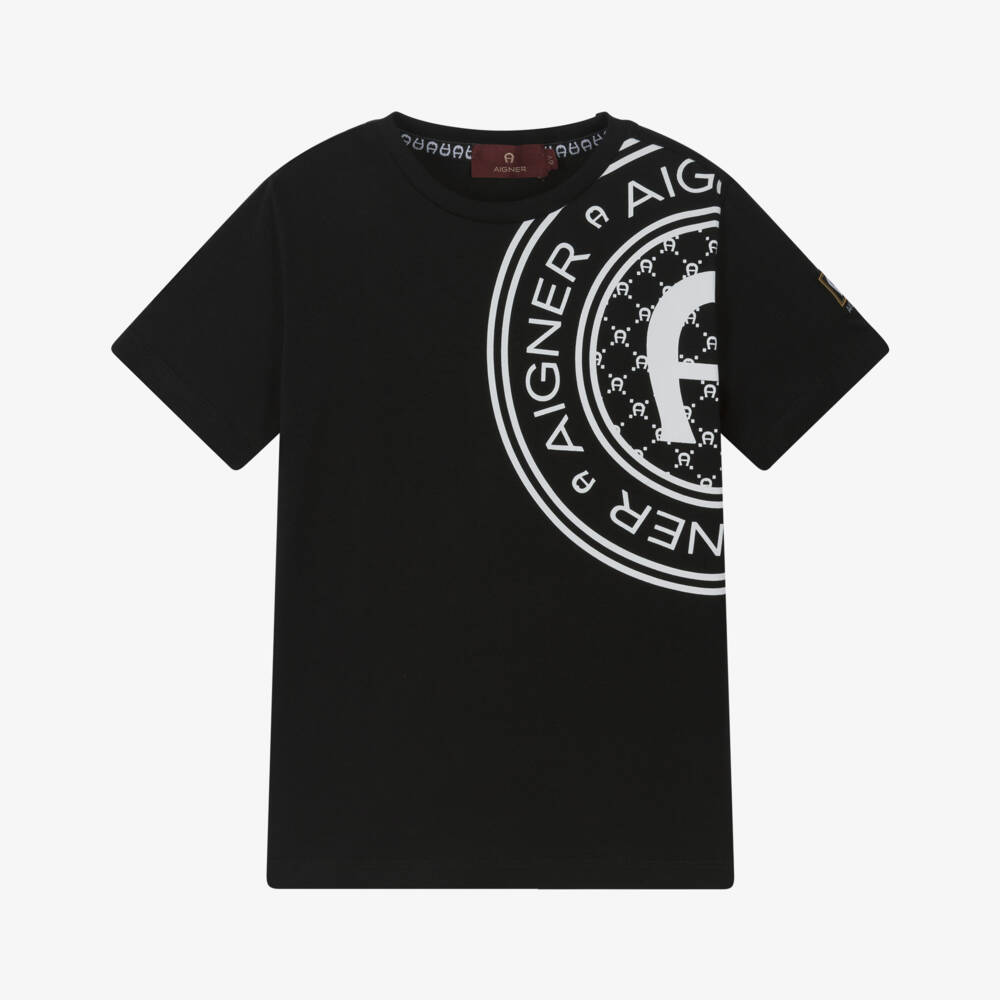 AIGNER-Boys Black Cotton T-Shirt with White Logo Print | Childrensalon