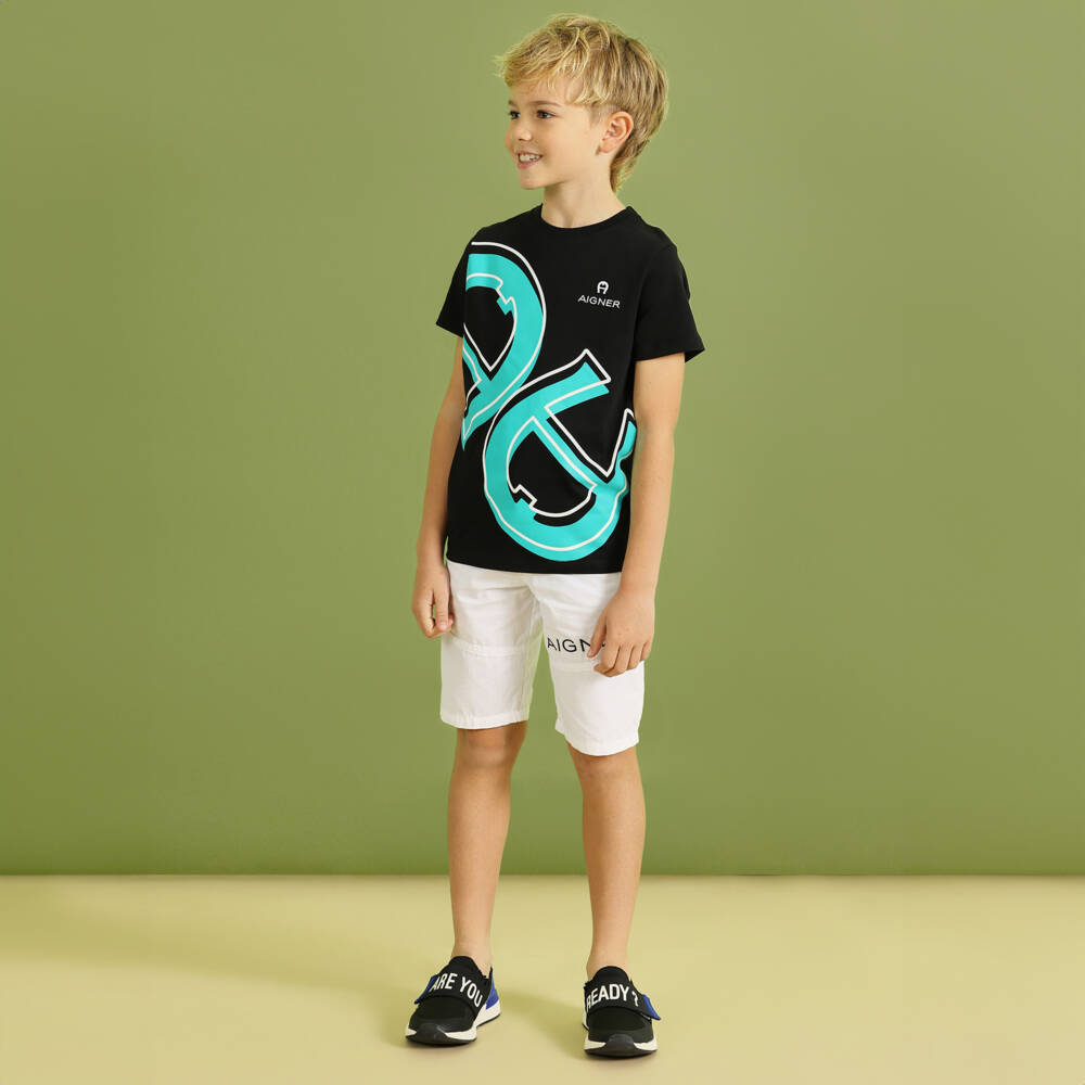 AIGNER-Boys Black Short-Sleeved Cotton T-Shirt | Childrensalon