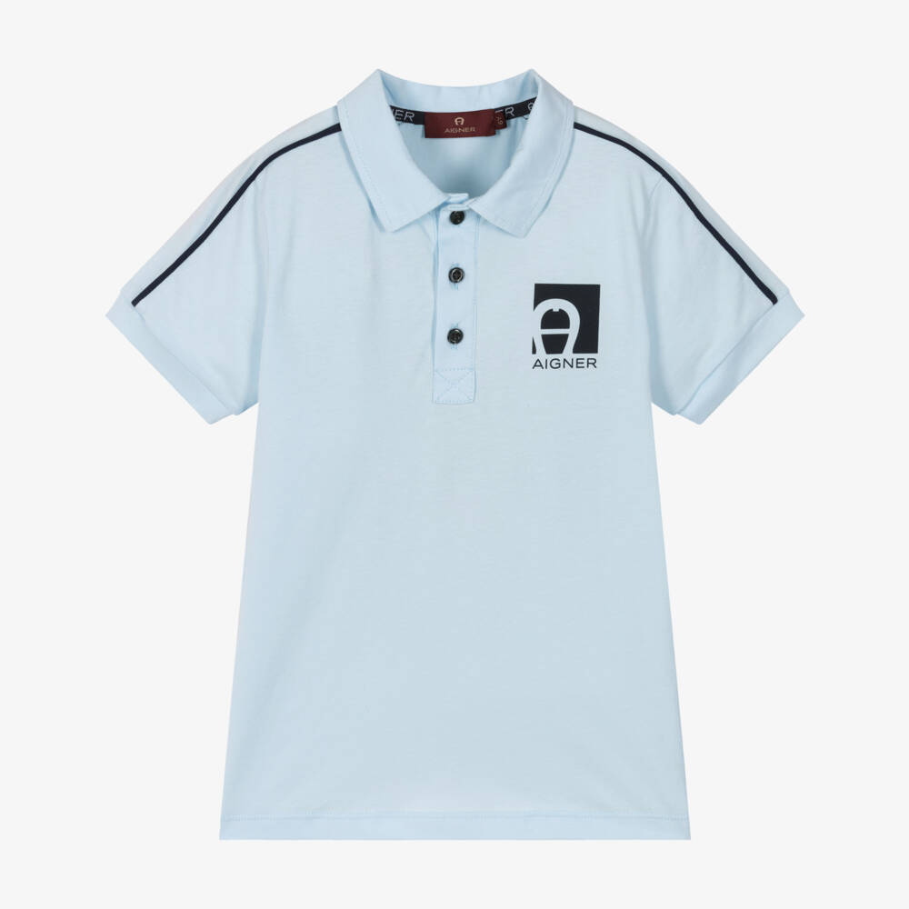 AIGNER-Boys Blue Cotton Polo Shirt with Navy Blue Trim | Childrensalon
