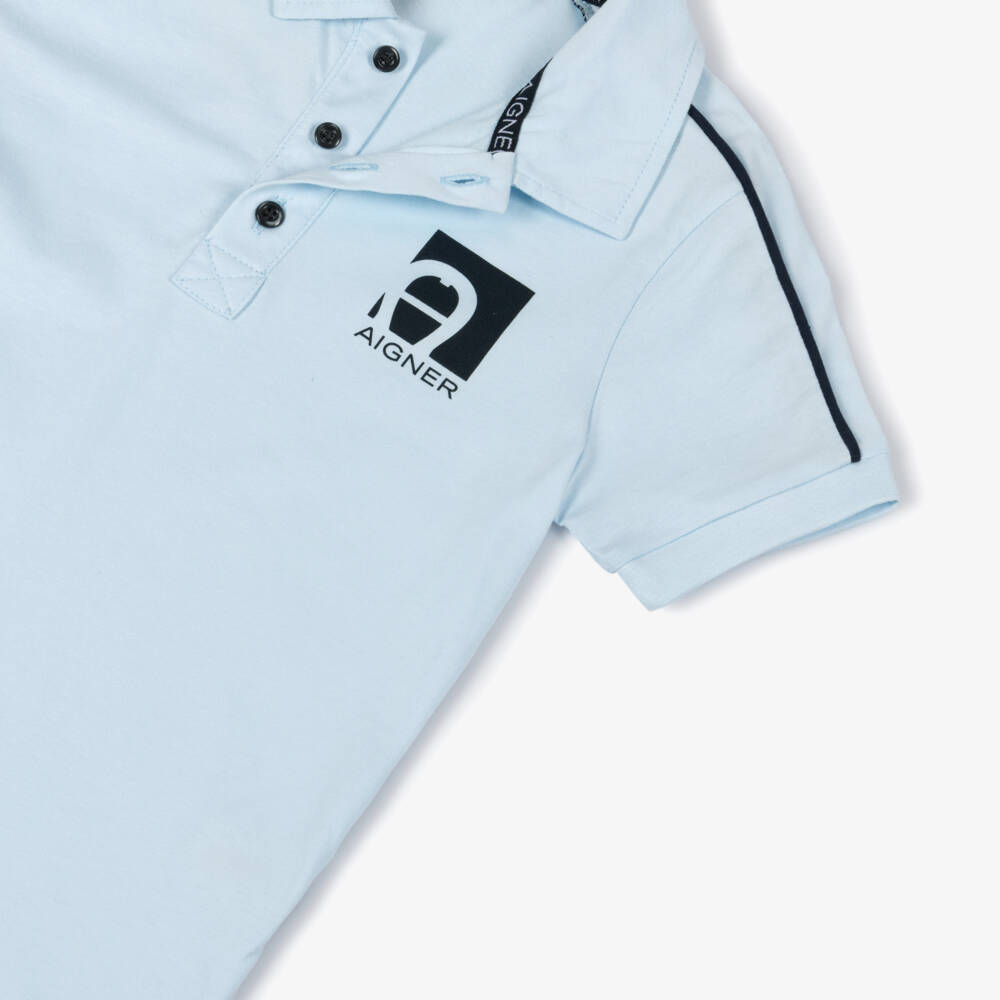 AIGNER-Boys Blue Cotton Polo Shirt with Navy Blue Trim | Childrensalon