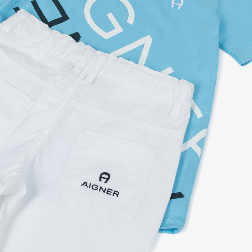 AIGNER-Boys Blue T-Shirt & White Cotton Shorts Set | Childrensalon
