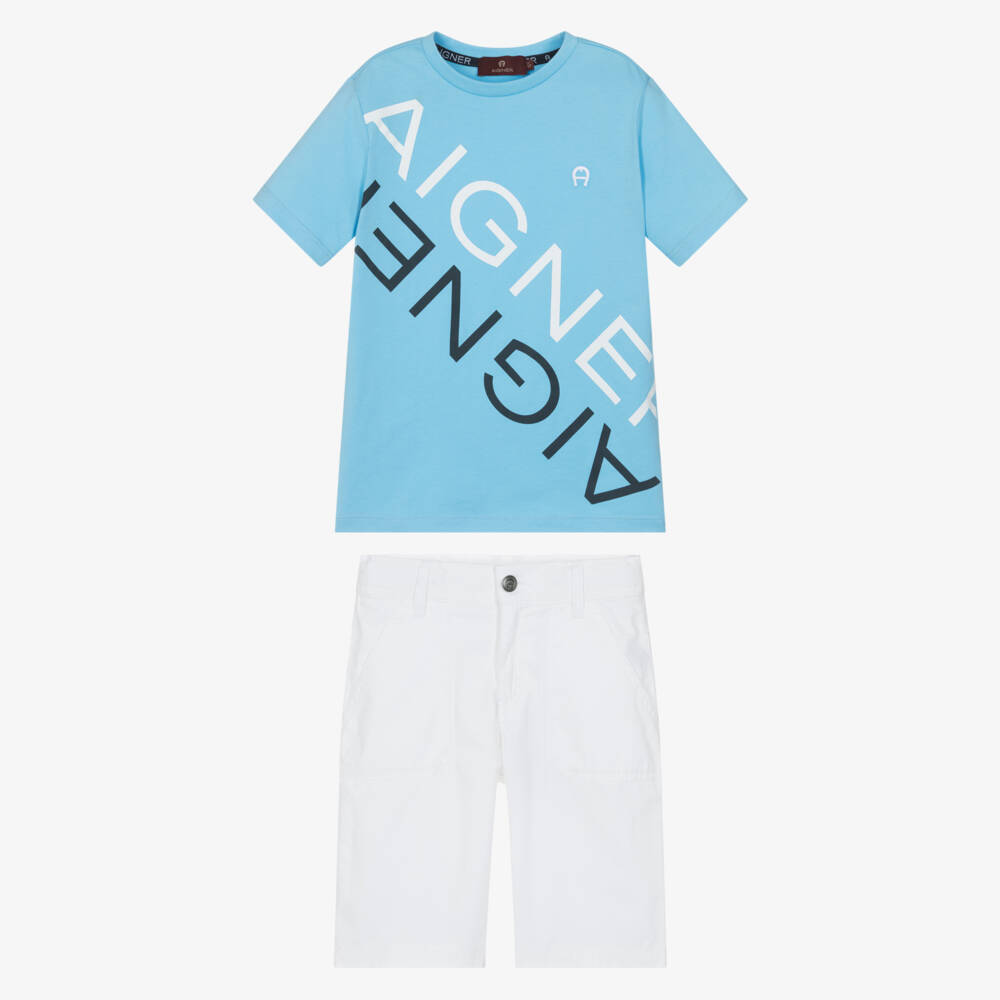AIGNER-Boys Blue T-Shirt & White Cotton Shorts Set | Childrensalon