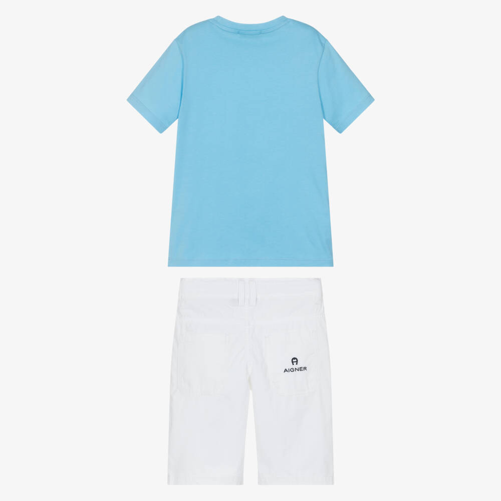 AIGNER-Boys Blue T-Shirt & White Cotton Shorts Set | Childrensalon