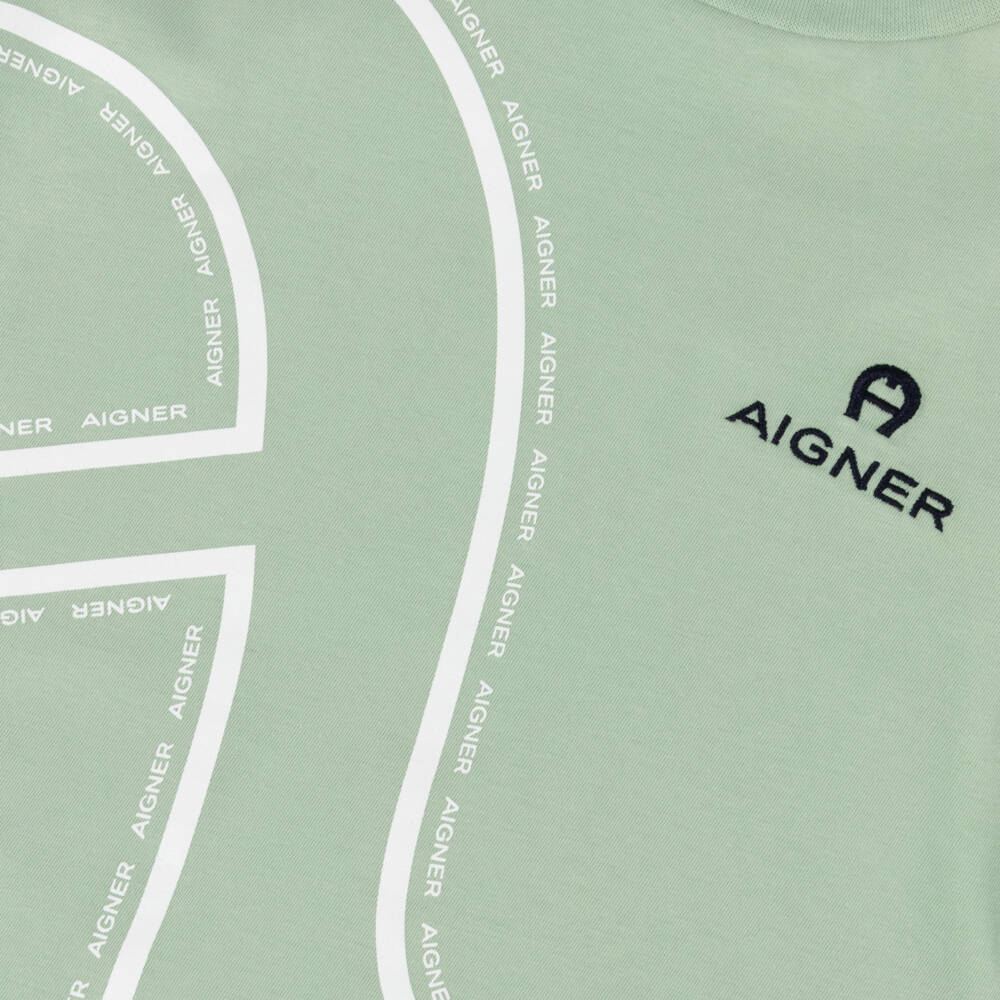 AIGNER-Boys Green Cotton T-Shirt with Oversized Logo Print | Childrensalon