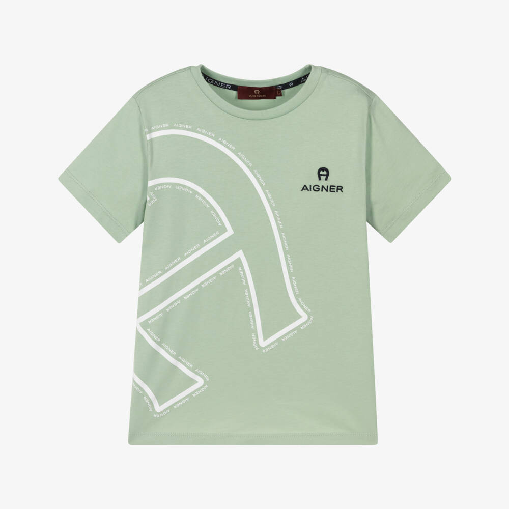 AIGNER-Boys Green Cotton T-Shirt with Oversized Logo Print | Childrensalon