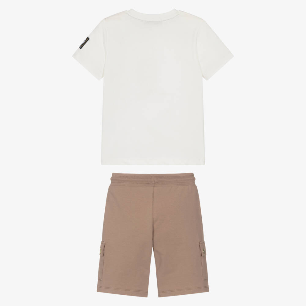AIGNER-Boys Ivory & Brown Cotton Jersey Shorts Set | Childrensalon