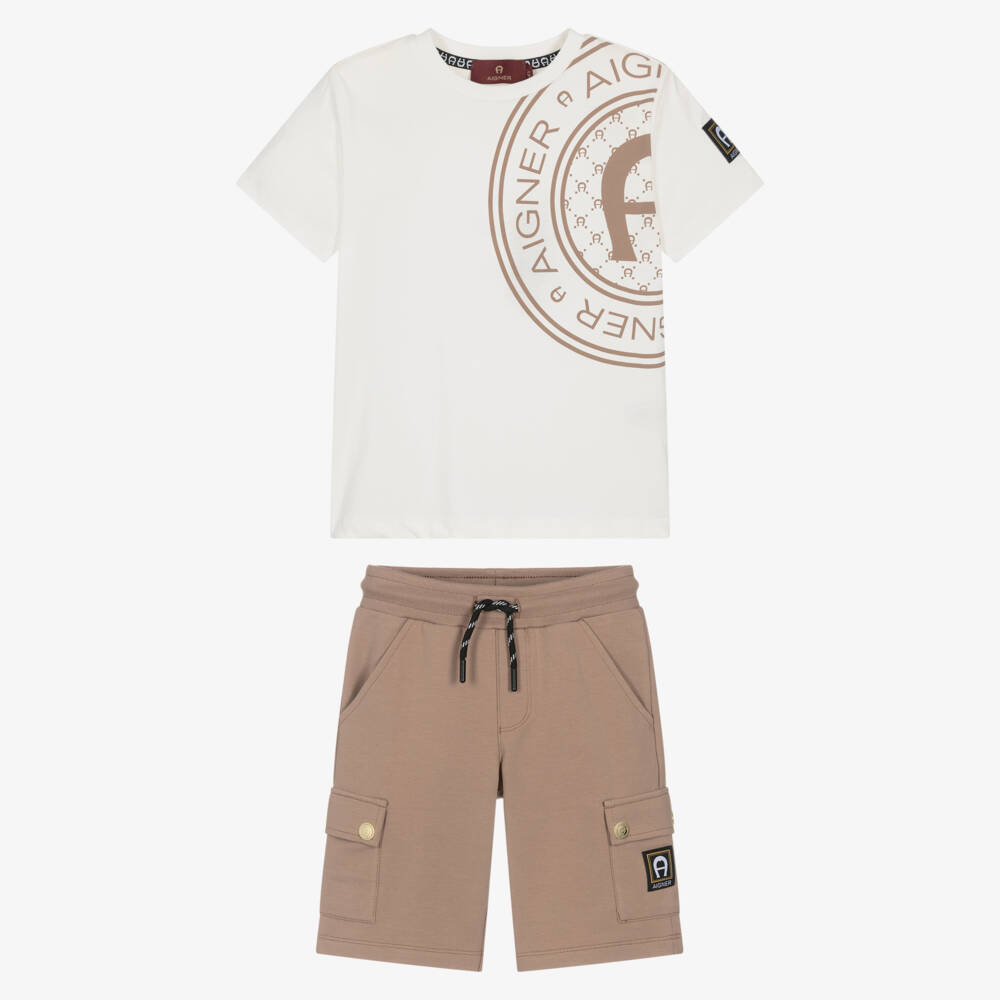 AIGNER-Boys Ivory & Brown Cotton Jersey Shorts Set | Childrensalon