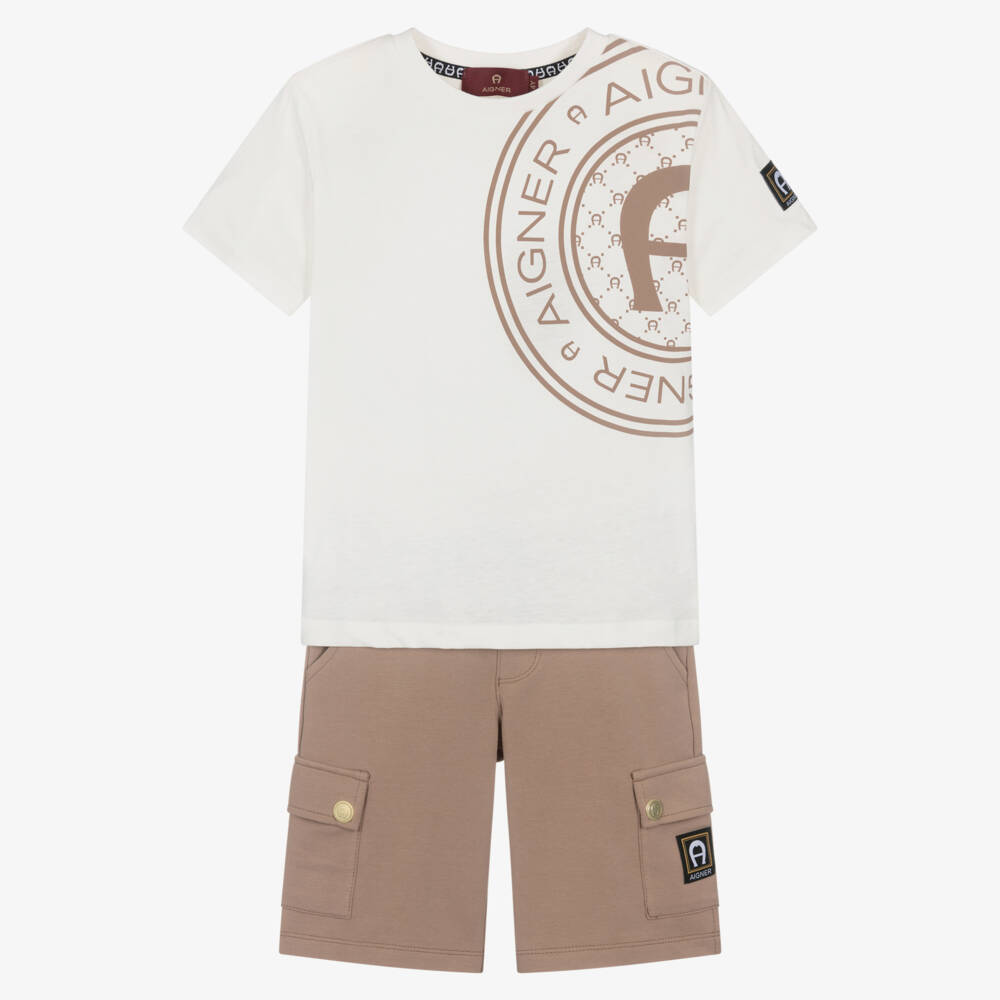AIGNER-Boys Ivory & Brown Cotton Jersey Shorts Set | Childrensalon