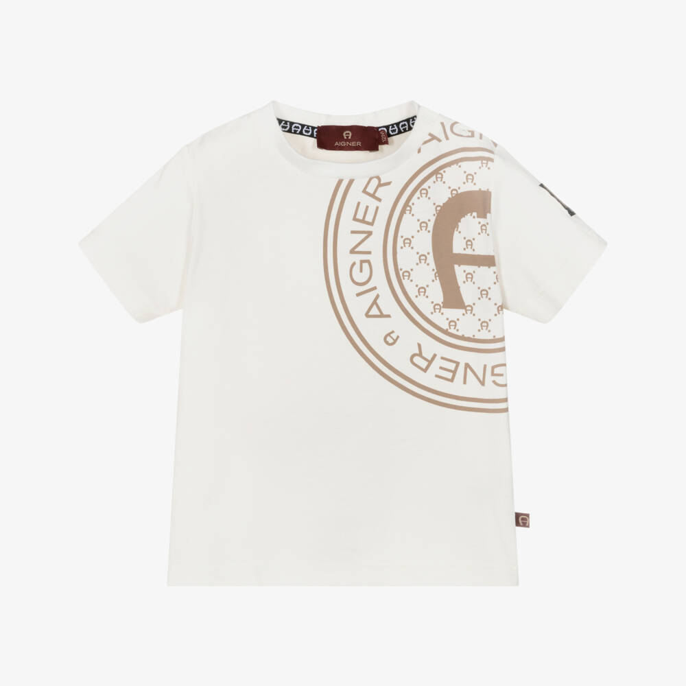 AIGNER-Boys Ivory Cotton T-Shirt with Beige Logo Print | Childrensalon