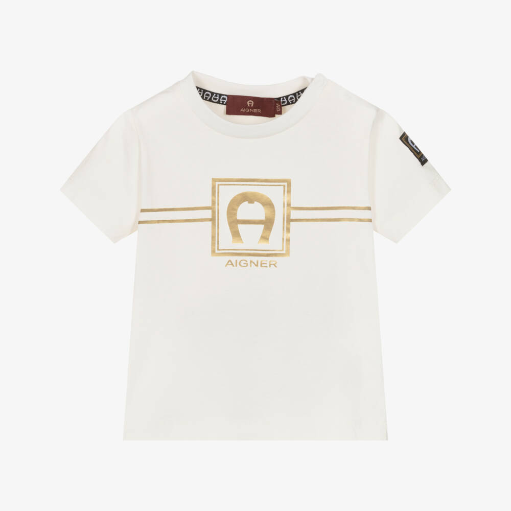 AIGNER-Boys Ivory Cotton T-Shirt with Gold Logo Print | Childrensalon