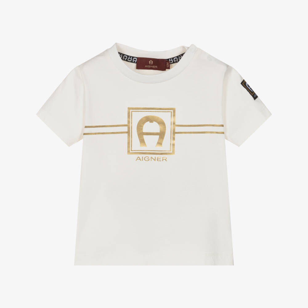 AIGNER-Boys Ivory Cotton T-Shirt with Gold Logo Print | Childrensalon