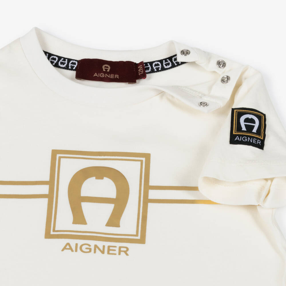 AIGNER-Boys Ivory Cotton T-Shirt with Gold Logo Print | Childrensalon