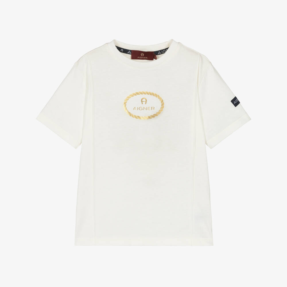 AIGNER-Boys Ivory & Gold Foil Logo Print Cotton T-Shirt | Childrensalon
