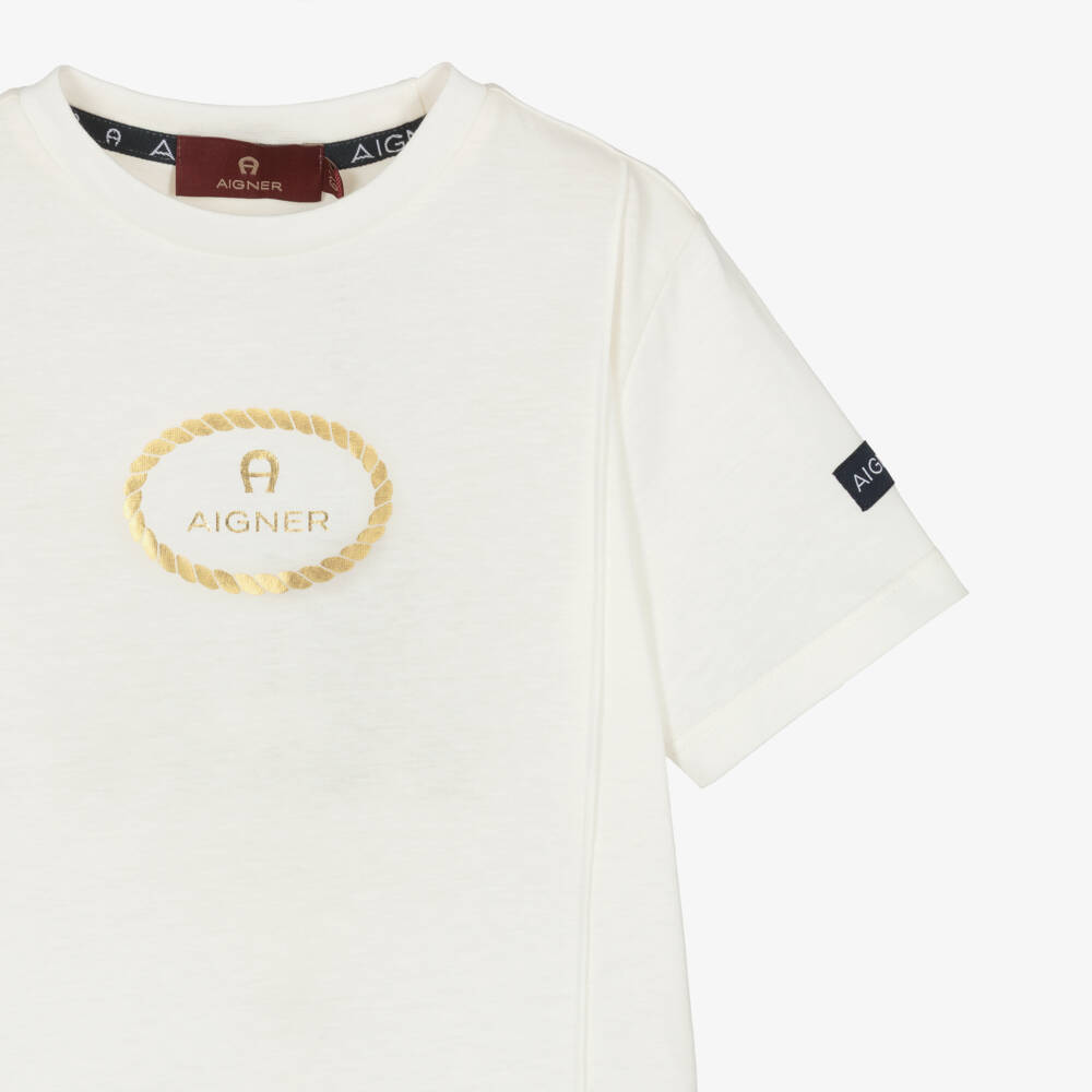 AIGNER-Boys Ivory & Gold Foil Logo Print Cotton T-Shirt | Childrensalon
