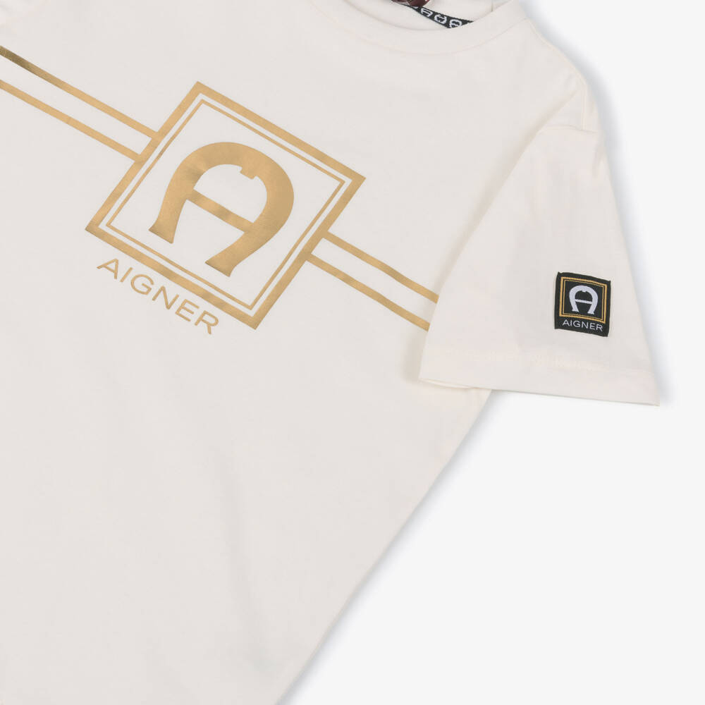 AIGNER-Boys Ivory & Gold Logo Cotton T-Shirt | Childrensalon