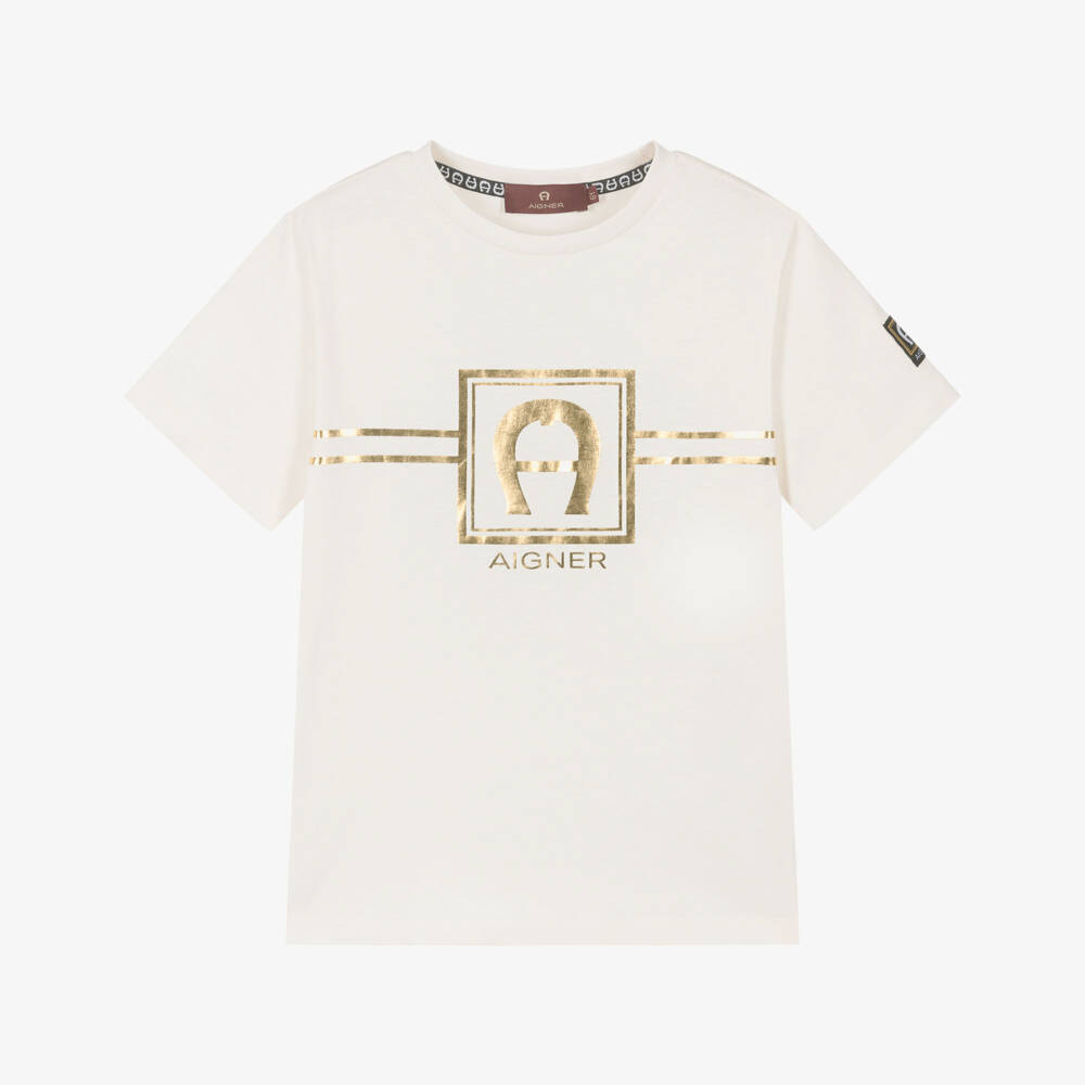 AIGNER-Boys Ivory & Gold Logo Cotton T-Shirt | Childrensalon